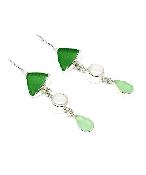 Green and Light Green Sea Glass with White Pearl Triple Drop Earrings