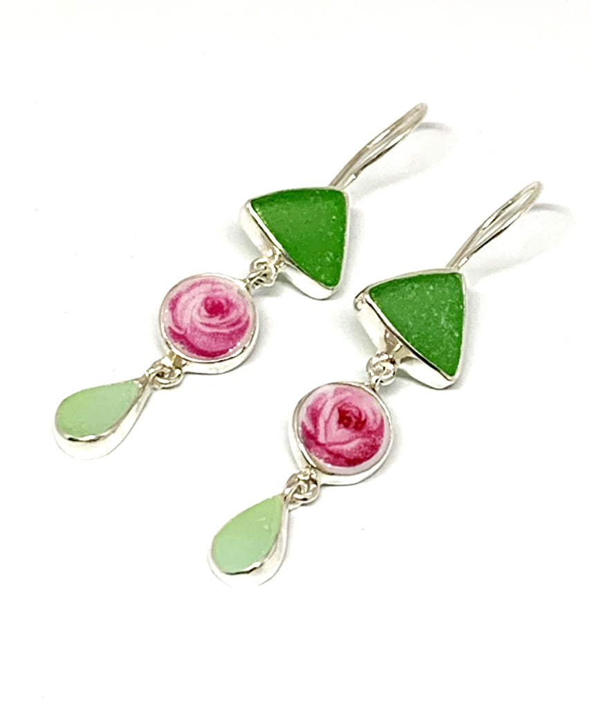 Green and Aqua Sea Glass with Pink Rose Vintage Pottery Triple Drop Earrings