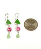 Green and Aqua Sea Glass with Pink Rose Vintage Pottery Triple Drop Earrings