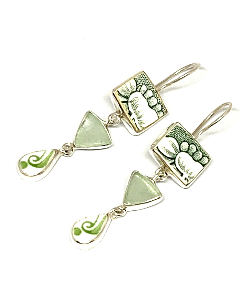 Green & White Flower Vintage Pottery Pieces with Soft Aqua Sea Glass Triple Drop Earrings