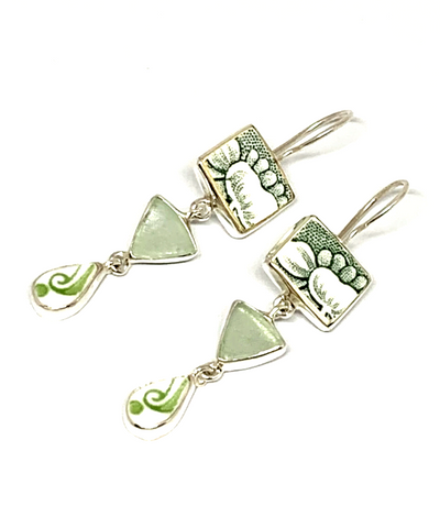 Green & White Flower Vintage Pottery Pieces with Soft Aqua Sea Glass Triple Drop Earrings