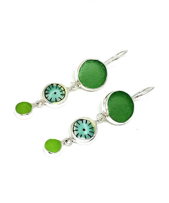 Green Sea Glass & Bold Vintage Pottery Triple Drop Earrings