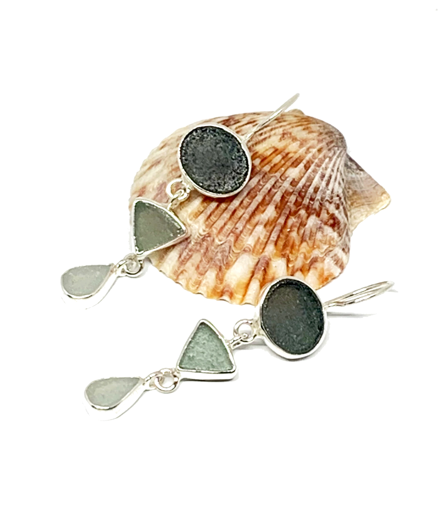 Shades of Gray Multi Shape Sea Glass Triple Drop Earrings