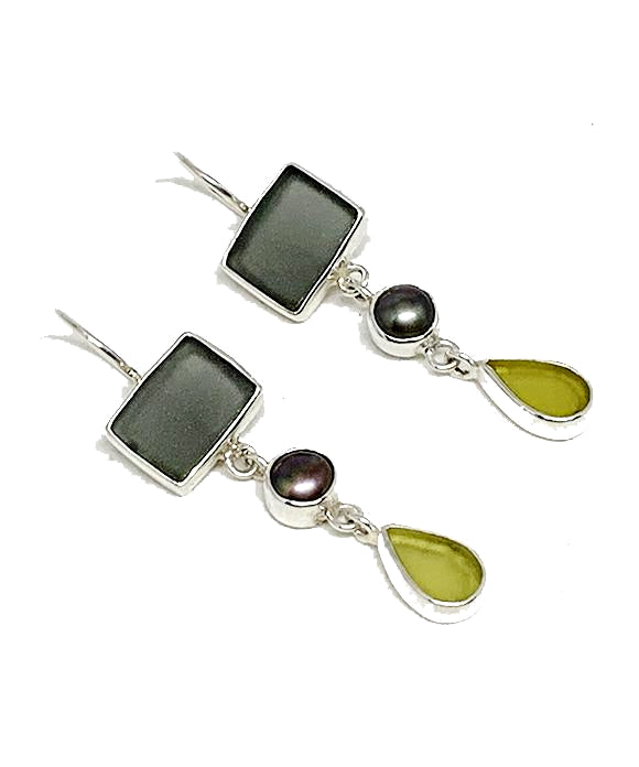 Grey & Yellow Sea Glass with Black Pearl Triple Drop Earrings