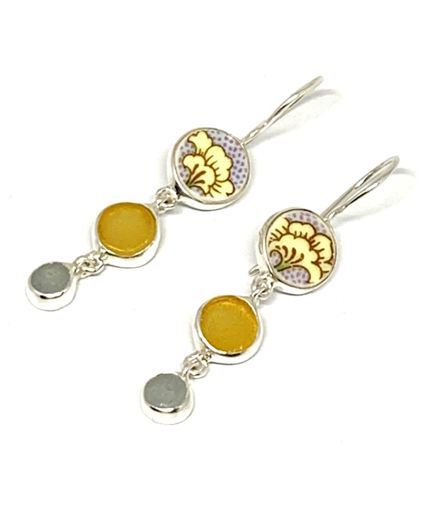 Yellow & Grey Flower Vintage Pottery Pieces with Amber Sea Glass Triple Drop Earrings
