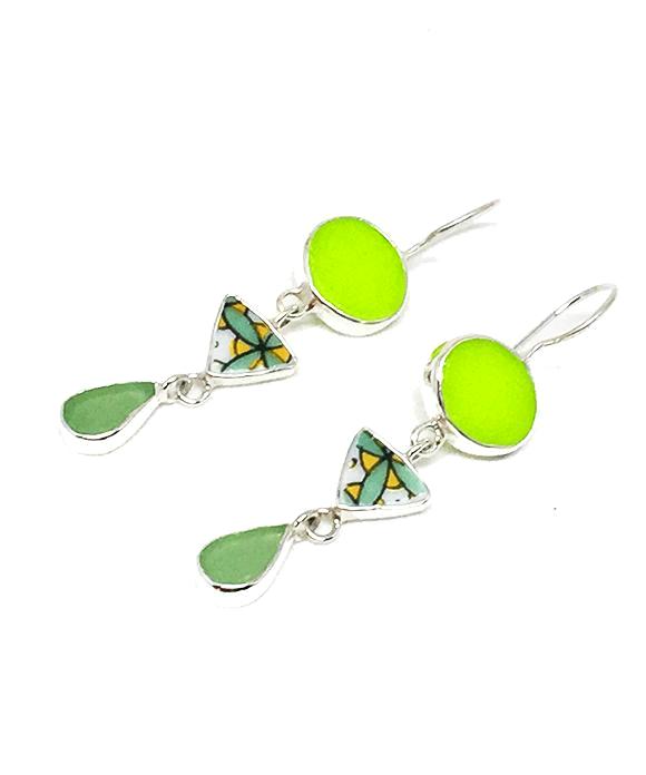 Lime Stained Glass, Bold Vintage Pottery & Green Sea Glass Triple Drop Earrings