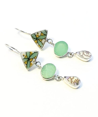 Green & Yellow Vintage Pottery with Mint Stained Glass Triple Drop Earrings