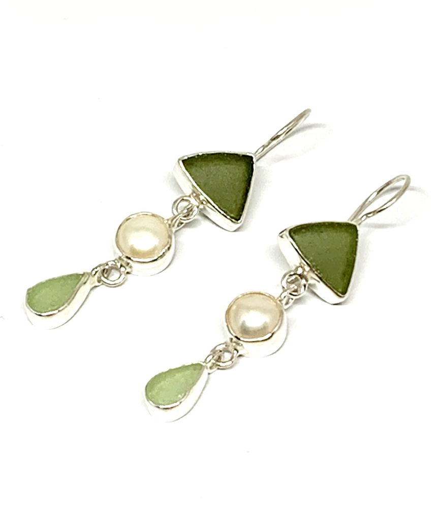 Olive, Pearl and Soft Green Sea Glass Triple Drop Earrings