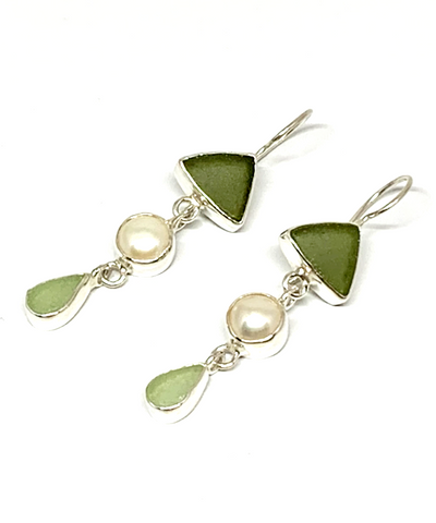 Olive, Pearl and Soft Green Sea Glass Triple Drop Earrings