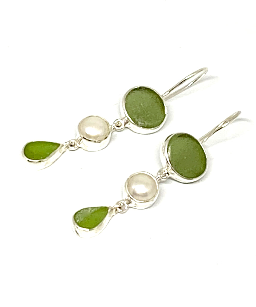 Olive & Lime Green Sea Glass with Pearl Triple Drop Earrings