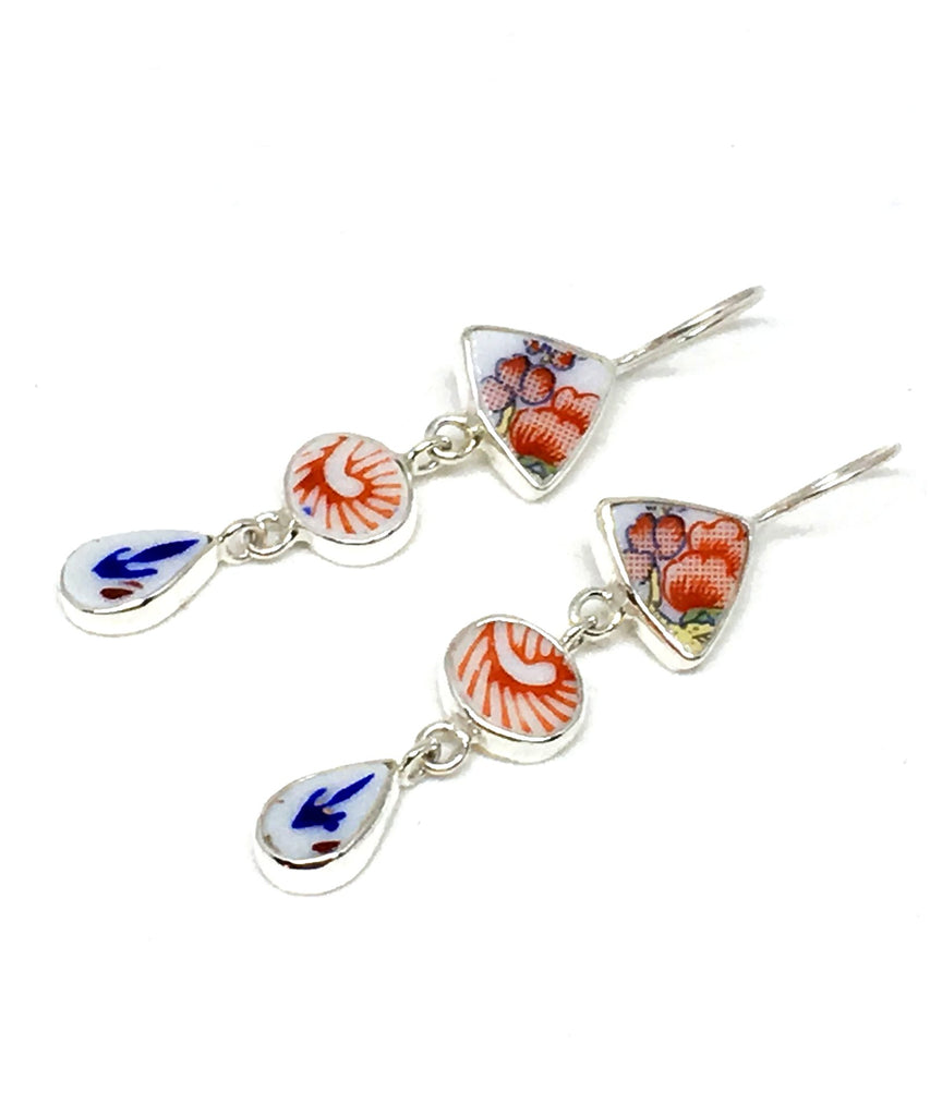 Bold Patterned Vintage Pottery Triple Drop Earrings