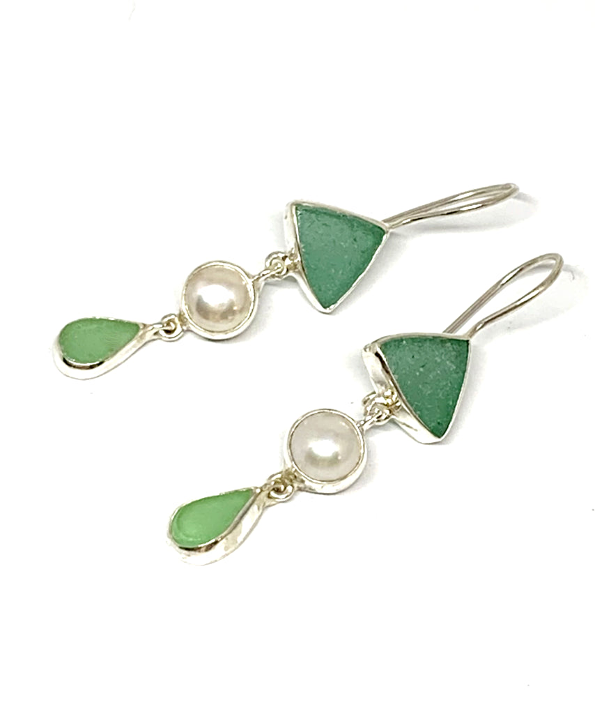 Turquoise Green & Light Green Sea Glass with Pearl Triple Drop Earrings