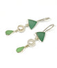 Turquoise Green & Light Green Sea Glass with Pearl Triple Drop Earrings