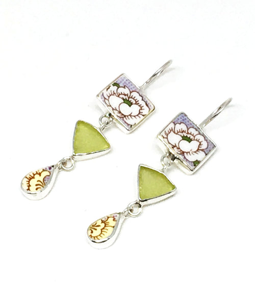 White Flower Vintage Pottery & Sage Green Sea Glass Triple Drop Earrings