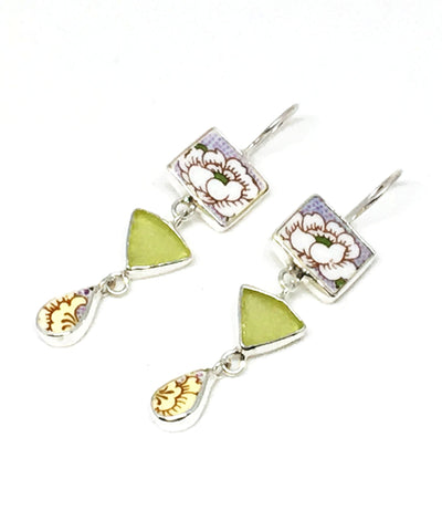 White Flower Vintage Pottery & Sage Green Sea Glass Triple Drop Earrings