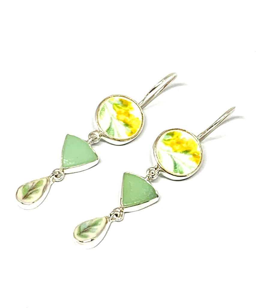 Yellow & Green Flower Vintage Pottery Pieces with Mint Sea Glass Triple Drop Earrings