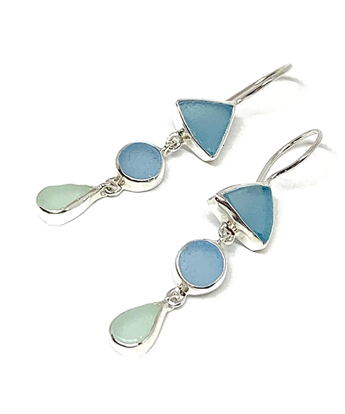 Shades of Aqua Multi Shape Sea Glass Triple Drop Earrings