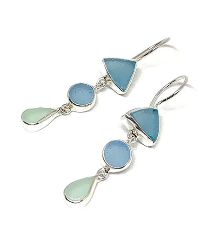 Shades of Aqua Multi Shape Sea Glass Triple Drop Earrings