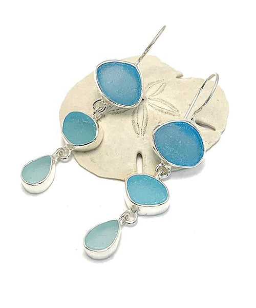 Shades of Aqua Natural Shape Sea Glass Triple Drop Earrings
