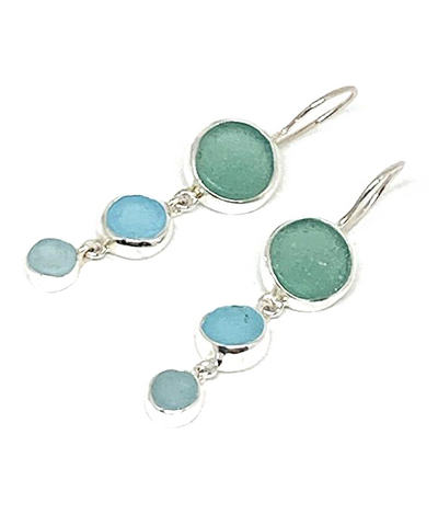 Shades of Aqua Round Shape Sea Glass Triple Drop Earrings