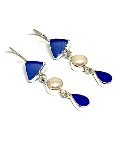 Shades of Blue Sea Glass & Pearl Triple Drop Earrings
