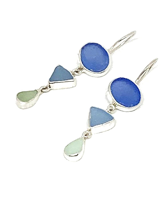 Blue & Aqua Multi Shape Sea Glass Triple Drop Earrings