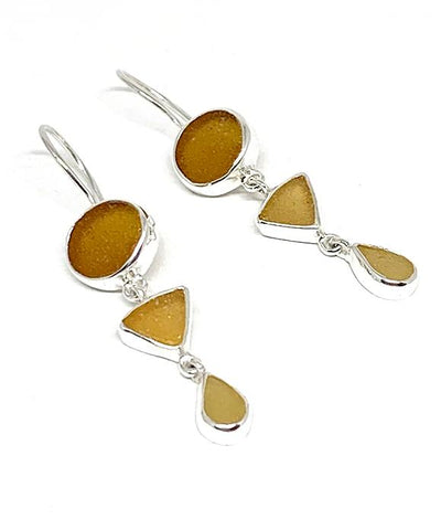 Shades of Light Brown and Amber Multi Shape Sea Glass Triple Drop Earrings