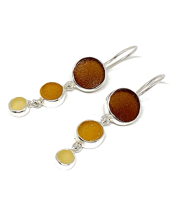 Rich Brown, Amber & Yellow Round Shape Sea Glass Triple Drop Earrings