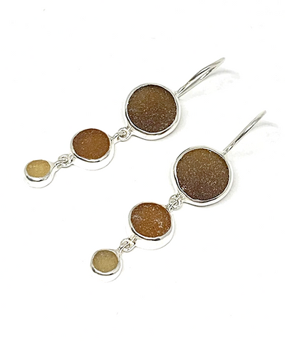 Brown, Amber & Yellow Round Shape Sea Glass Triple Drop Earrings