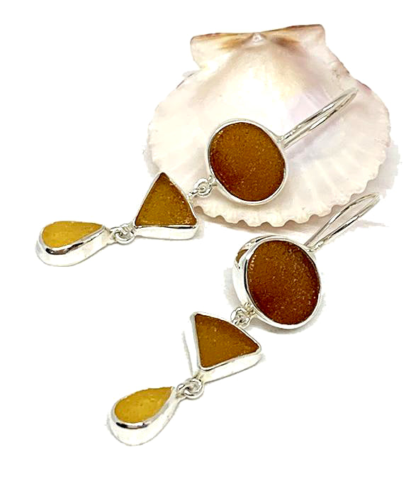 Brown, Amber & Yellow Multi Shape Sea Glass Triple Drop Earrings