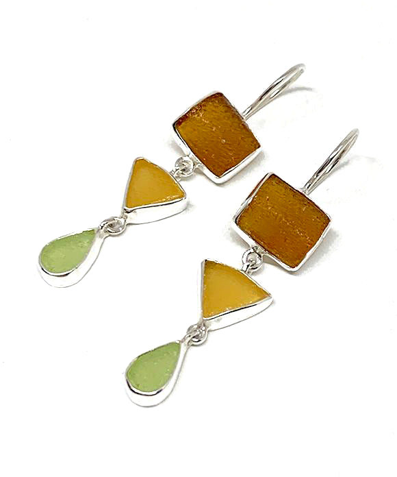 Rich Brown, Amber & Sage Green Multi Shape Sea Glass Triple Drop Earrings
