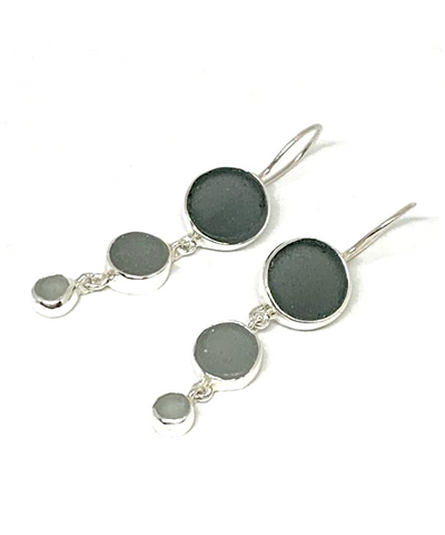 Shades of Grey Round Shape Sea Glass Triple Drop Earrings