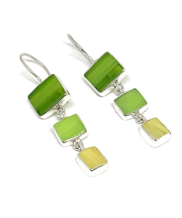 Green, Lime & Yellow Stained Glass Triple Drop Earrings