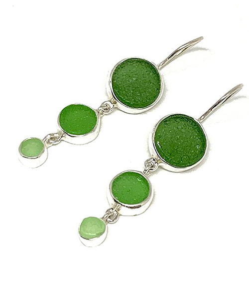 Forest, Emerald and Mint Green Round Shape Sea Glass Triple Drop Earrings