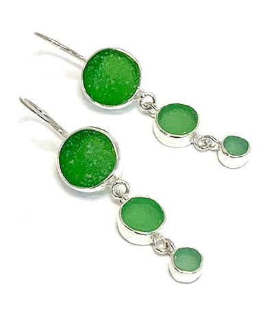 Shades of Green Round Shape Sea Glass Triple Drop Earrings