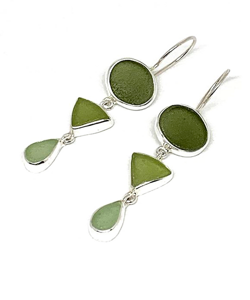 Shades of Olive Sea Glass Multi Shape Triple Drop Earrings