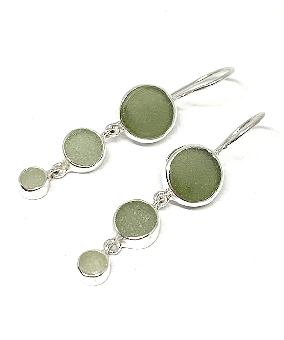 Shades of Olive Round Shape Sea Glass Triple Drop Earrings