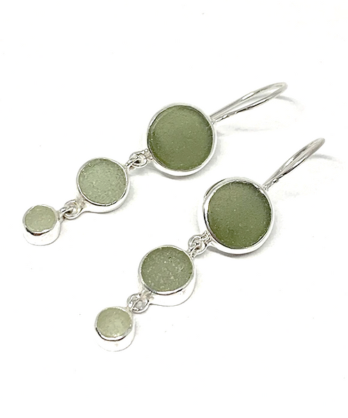 Shades of Olive Round Shape Sea Glass Triple Drop Earrings