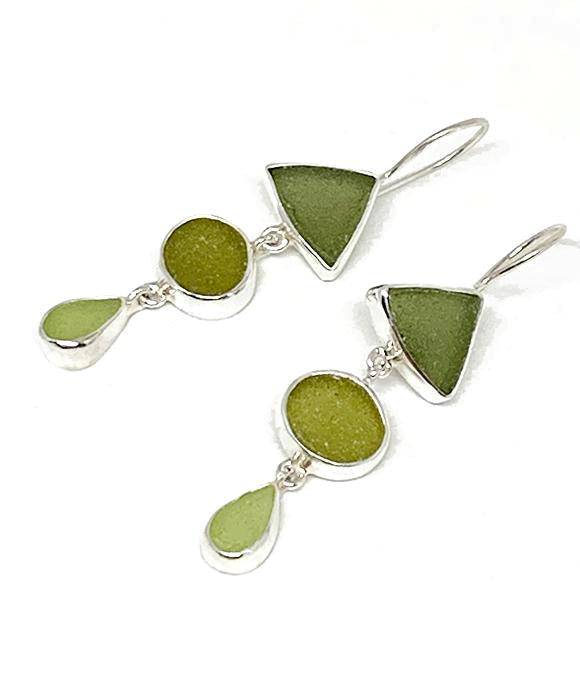 Shades of Olive and Mint Green Multi Shape Sea Glass Triple Drop Earrings