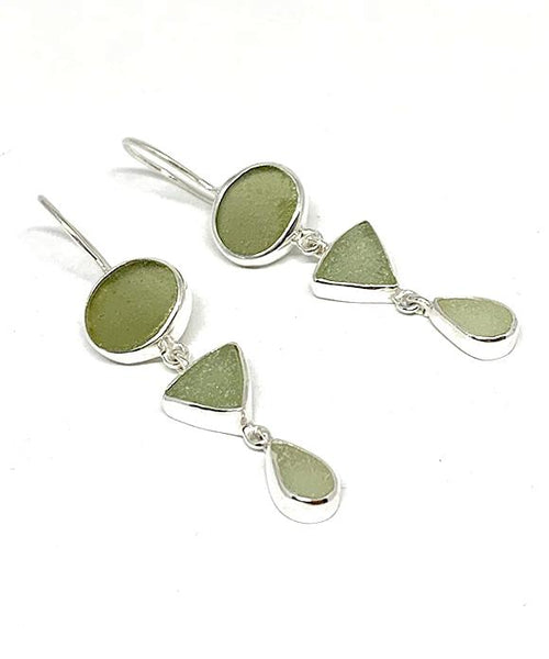 Shades of Light Olive Multi Shape Sea Glass Triple Drop Earrings