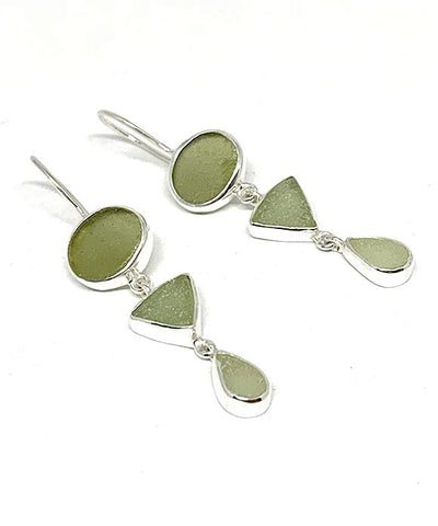 Shades of Light Olive Multi Shape Sea Glass Triple Drop Earrings