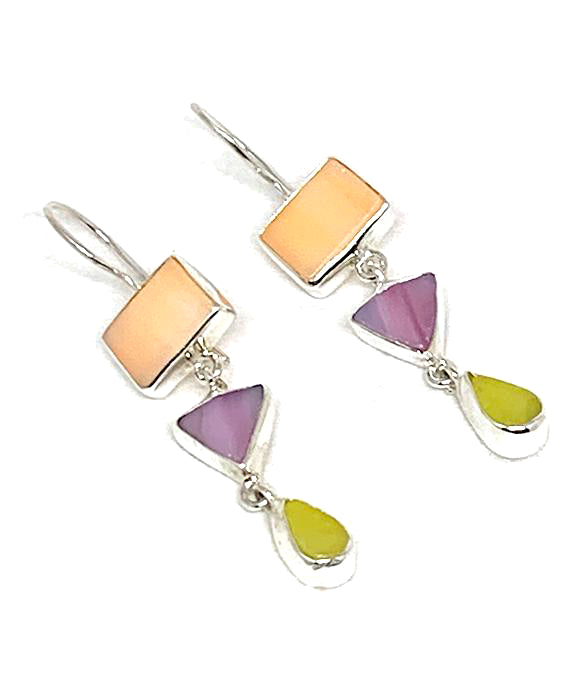 Melon, Raspberry & Yellow Stained Glass Triple Drop Earrings