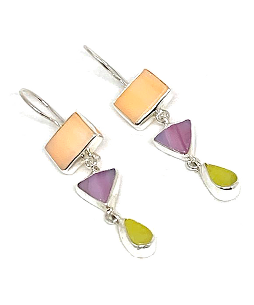 Melon, Raspberry & Yellow Stained Glass Triple Drop Earrings