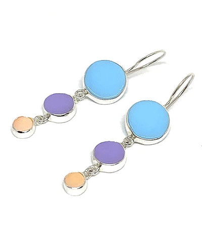 Sky Blue, Lavender & Peach Round Shaped Stained Glass Triple Drop Earrings