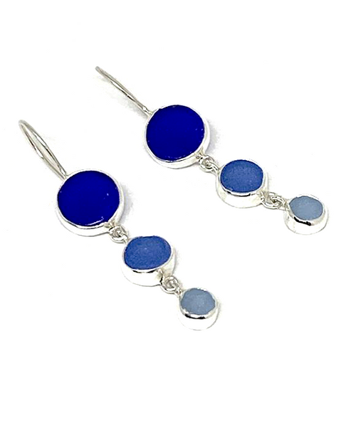 Shades of Blue Round Shape Sea Glass Triple Drop Earrings