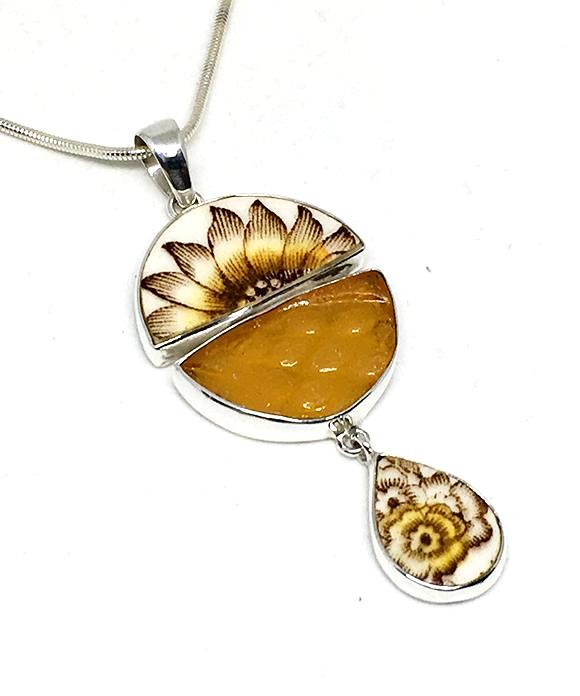 Sunflower Floral Vintage Pottery with Textured Amber Sea Glass Triple Pendant