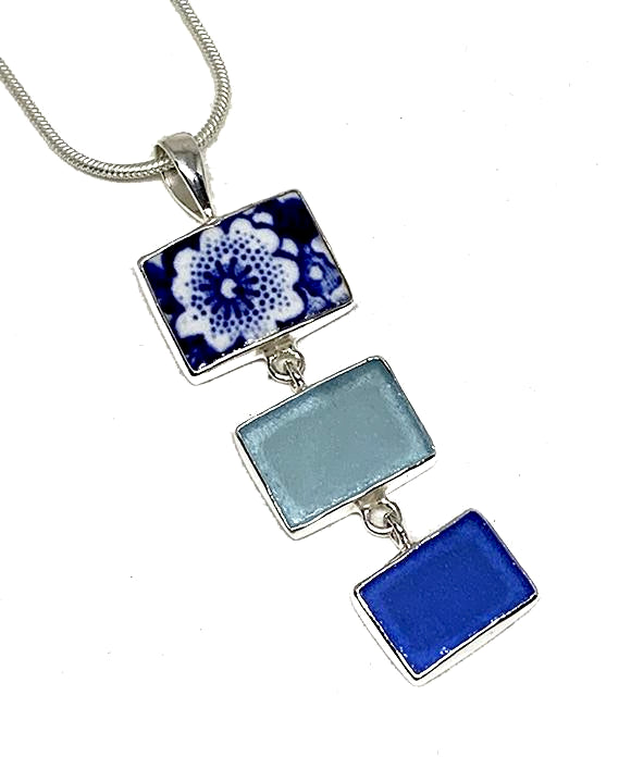 Blue & White Floral Vintage Pottery with Blue &Aqua Sea Glass Triple Pendant