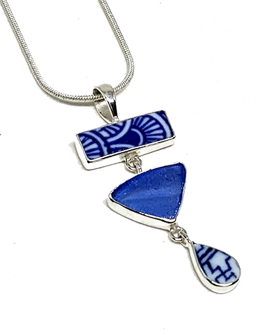 Blue & White Geometric Vintage Pottery with Textured Blue Sea Glass Triple Pendant
