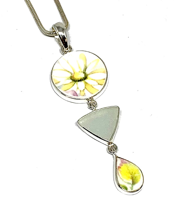Light Daisy Vintage Pottery with Clear Sea Glass Triple Pendant