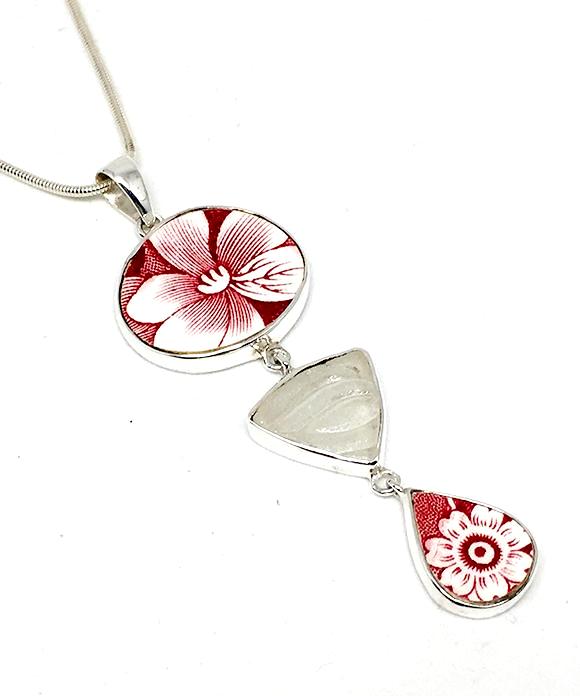 Red & White Vintage Pottery with Textured Clear Sea Glass Triple Pendant